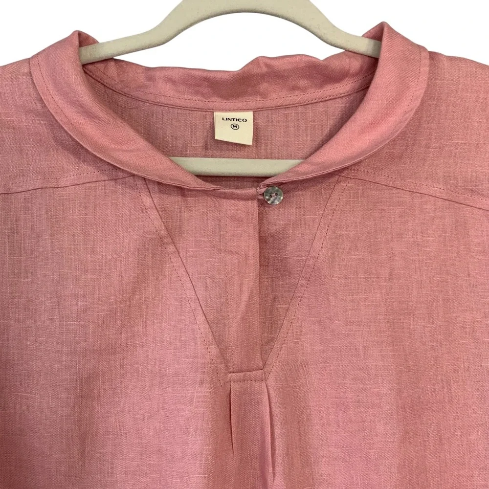 Lintico Pink European Linen Peter Pan collar split-vneck 3/4‎ sleeves. Size M - Picture 4 of 10